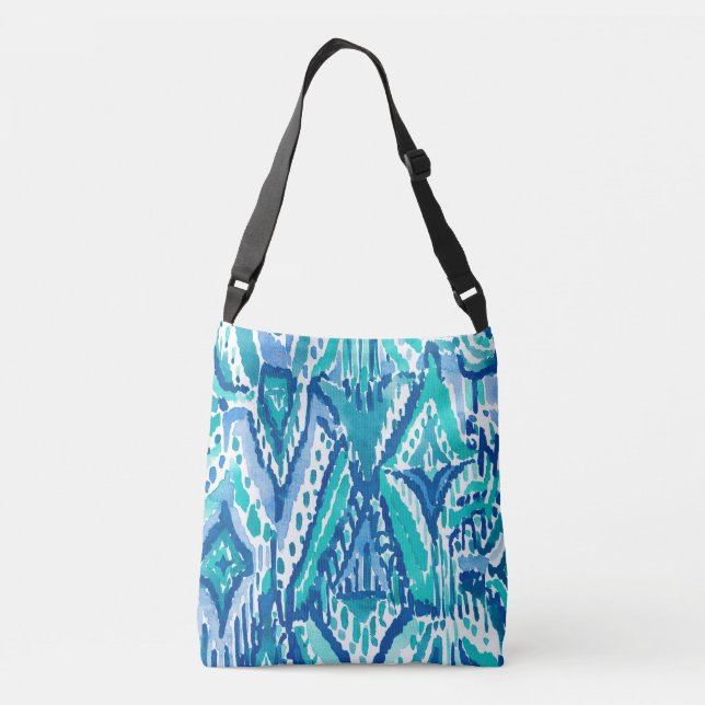 Aqua Ikat Fringe Tribal Watercolor Print Crossbody Bag (Back)