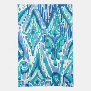 Aqua Ikat Fringe Tribal Watercolor Tea Towel