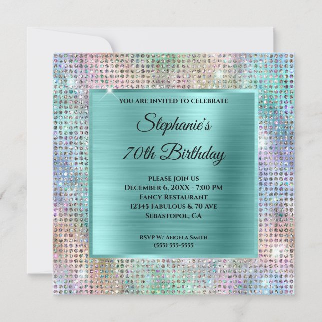 Aqua Iridescent Diamond Studded Foil 70th Birthday Invitation (Front)
