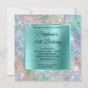 Aqua Iridescent Diamond Studded Foil 70th Birthday Invitation