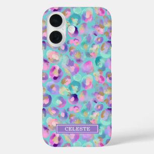 Aqua Iridescent Leopard Print Monogrammed iPhone 16 Case