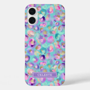 Aqua Iridescent Leopard Print Monogrammed iPhone 16 Plus Case