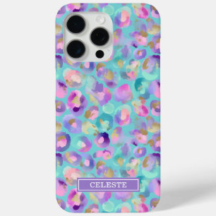 Aqua Iridescent Leopard Print Monogrammed iPhone 15 Pro Max Case
