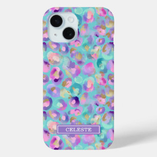 Aqua Iridescent Leopard Print Monogrammed iPhone 15 Case