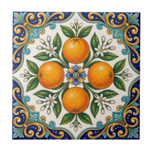 Aqua Italian Majolica Orange Citrus Design Tile