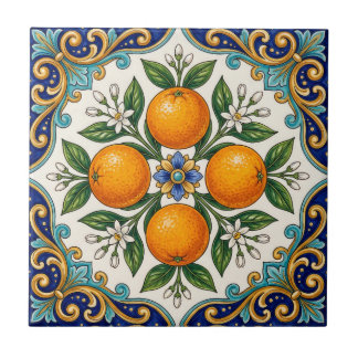 Aqua Italian Majolica Orange Citrus Design Tile