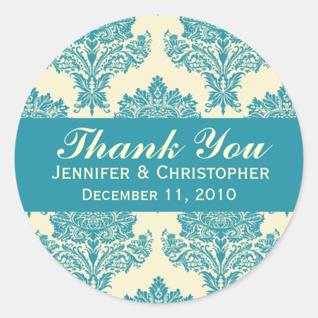 Aqua & Ivory Damask Round Wedding Labels (Front)