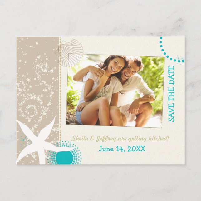 Aqua Ivory Tan Beach wedding Photo Save the Date Announcement Postcard (Front)
