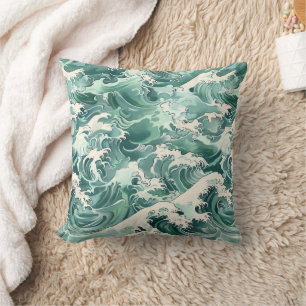 Aqua Japanese Ocean Waves Sea Pattern Cushion