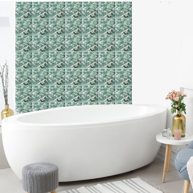 Aqua Japanese Ocean Waves Sea Pattern Tile (Creator Uploaded)
