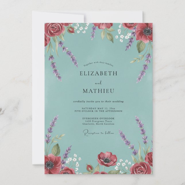 Aqua Lavender Wildflower Wedding Invitation (Front)