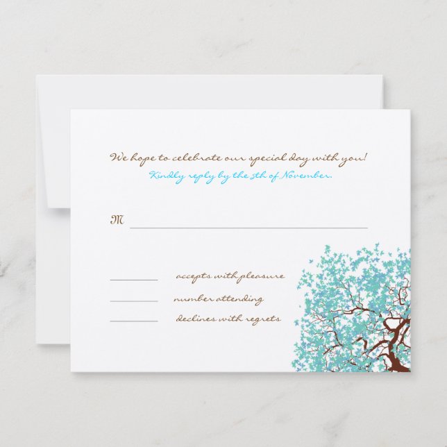 Aqua Leaves Brown Tree Monogram Response Card (Front)
