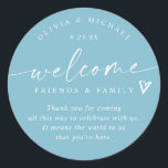 Aqua Light Teal Wedding Welcome Hotel Bag Classic Round Sticker<br><div class="desc">Aqua (Light Teal / Turquoise) Hotel Bag Stickers: Welcome guests to your celebration with these elegant aqua wedding stickers featuring a modern handwritten script. Each 3-inch round sticker displays the phrase “welcome friends & family, ” personalized with the couple’s names and wedding date below. The fresh aqua background adds a...</div>