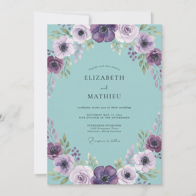 Aqua Lilac Anemone Wedding Invitation (Front)