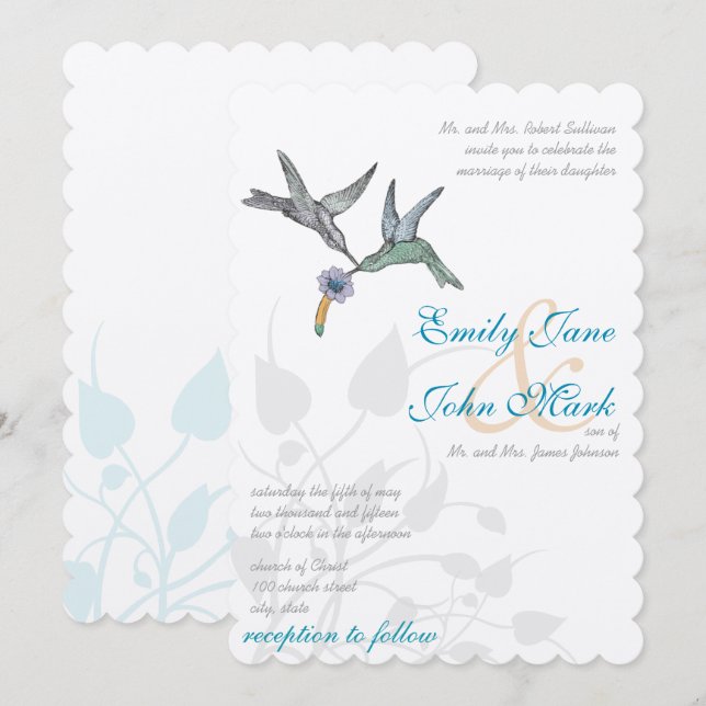 Aqua Lilac Coral Hummingbirds Wedding Invitation (Front/Back)