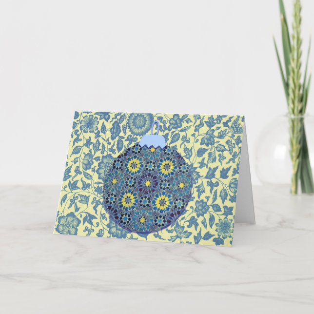 Aqua Lime Floral Ornament Christmas Card (Front)