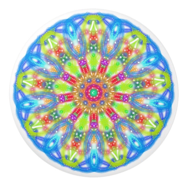 Aqua Lime Mandala Boho  Ceramic Knob (Front)