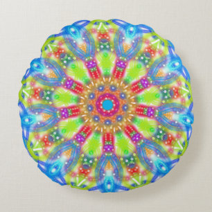 Aqua Lime Mandala Boho Reversible Round Cushion