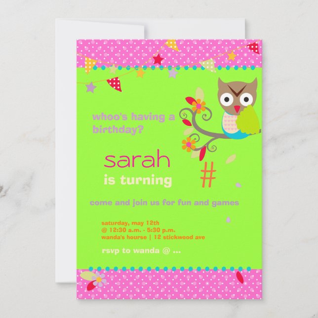 Aqua/Lime Owl Personalised Birthday Party Invitation (Front)