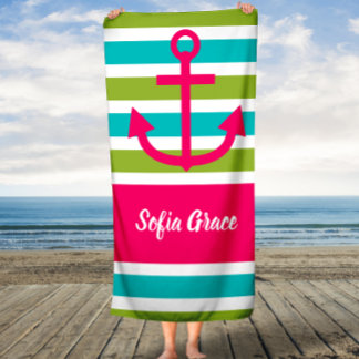 Aqua Lime Stripes Pink Anchor Custom Name Towel