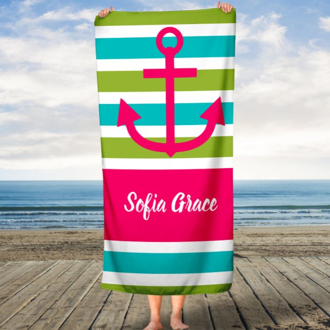 Aqua Lime Stripes Pink Anchor Custom Name Towel (Creator Uploaded)