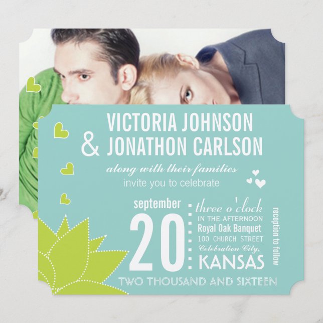 Aqua Lime Succulent ModernTypography Wedding Invitation (Front/Back)