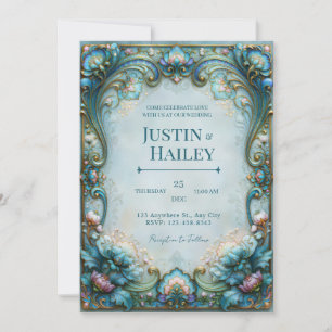 Aqua Lotus Filigree Wedding Invitation