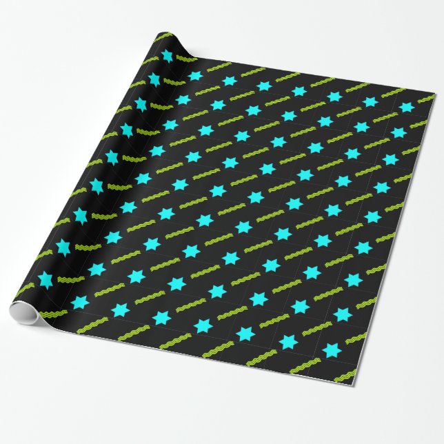 Aqua Magen David, Neon Green Streamers on Black Wrapping Paper (Unrolled)