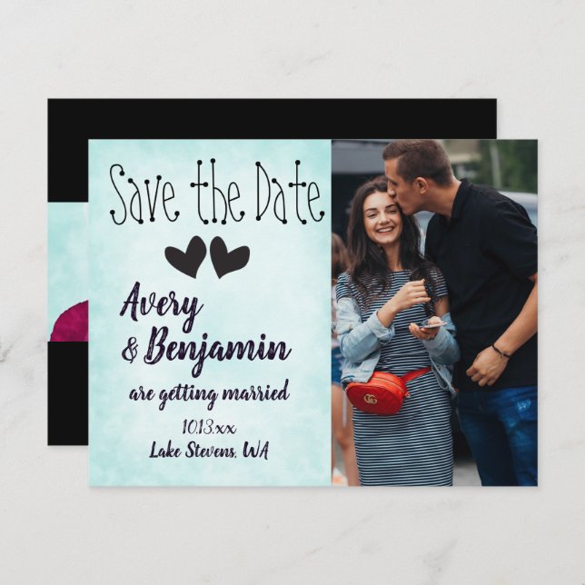 Aqua, Magenta, Black Hearts Save the Date Card (Front/Back)
