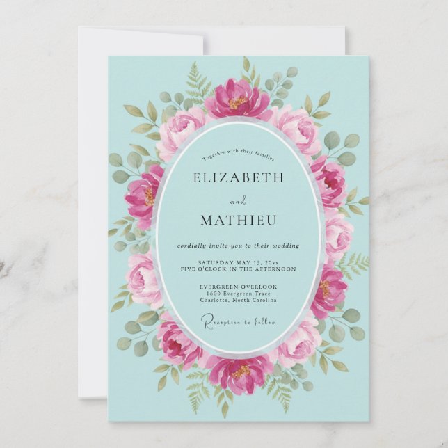 Aqua Magenta Wreath Wedding Invitation (Front)