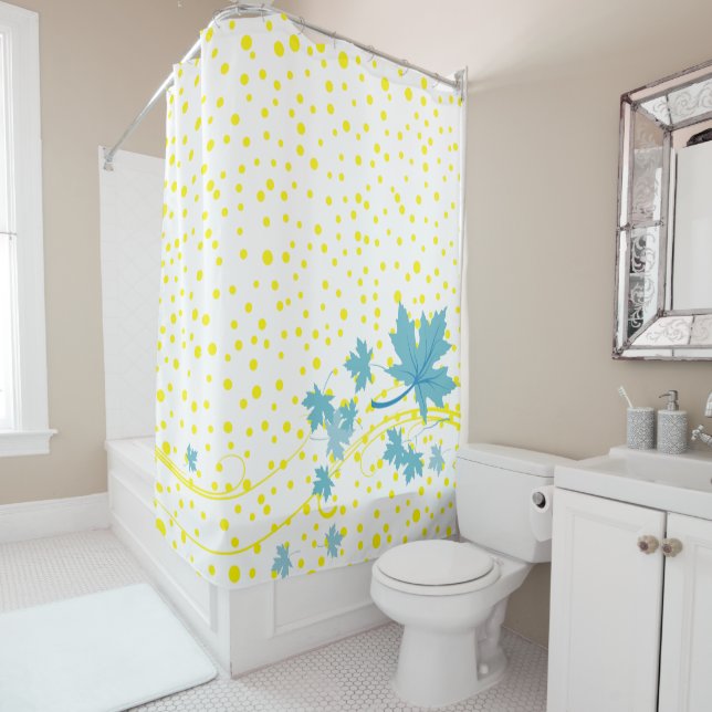 Aqua maple leaves and yellow polka dots shower curtain (In Situ)