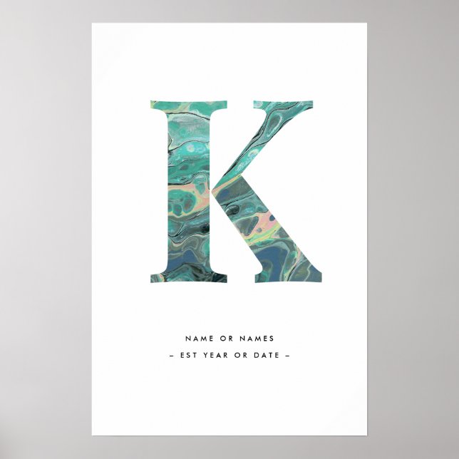 Aqua Marble Letter K Initial w/Personalisation Art Poster (Front)