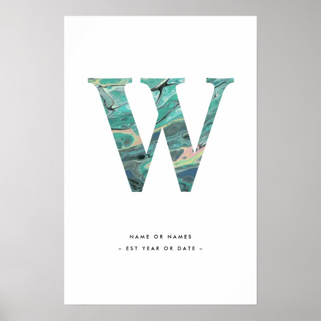 Aqua Marble Letter W Initial w/Personalisation Art Poster (Front)