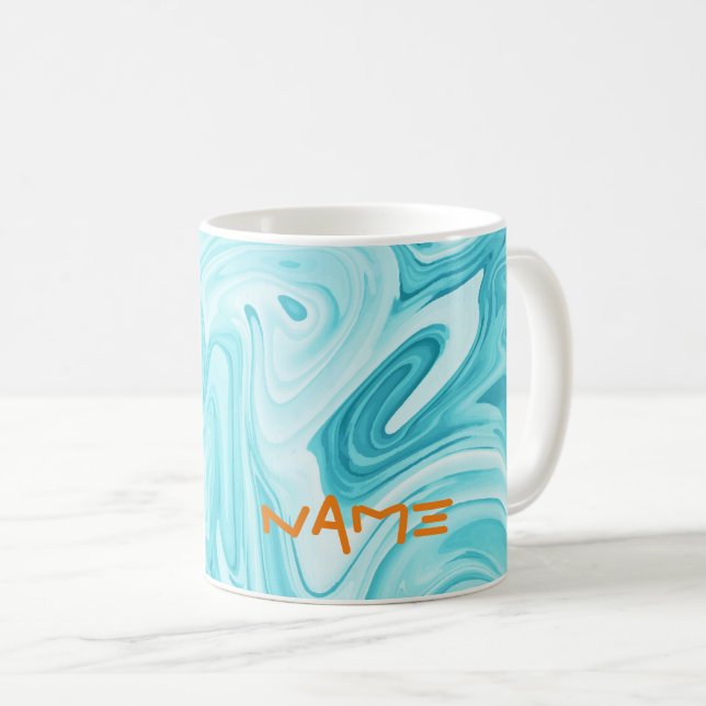 Aqua Marbled Paint NAME Orange Modern Art Fun Coffee Mug (Front Right)