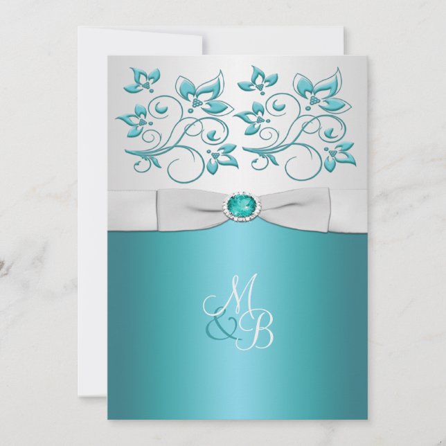 Aqua-marine and Silver Monogrammed Invitation II (Front)
