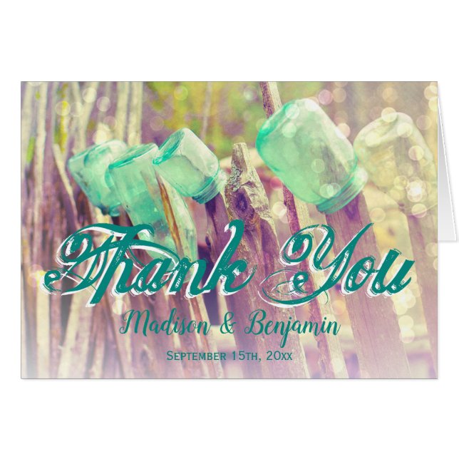 Aqua Mason Jars Fence Post Wedding Thank You Cards (Front Horizontal)