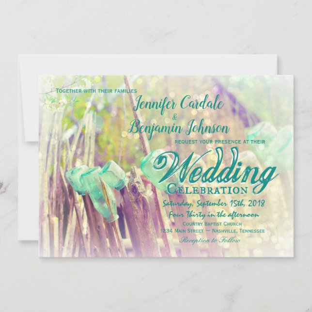 Aqua Mason Jars on Fence Post Wedding Invitations (Front)