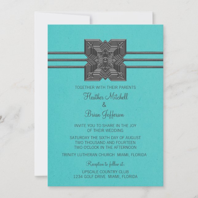 Aqua Medallion Border Wedding Invite (Front)