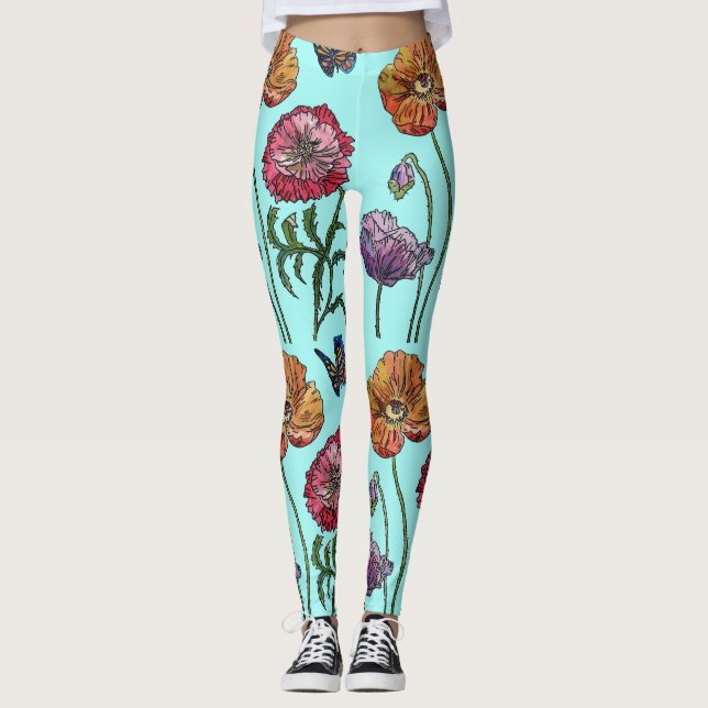 Aqua Medium Poppy Floral Watercolor Leggings (Front)
