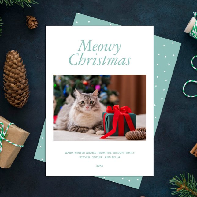 Aqua "Meowy Christmas" Personalised Photo Holiday Card (Creator Uploaded)