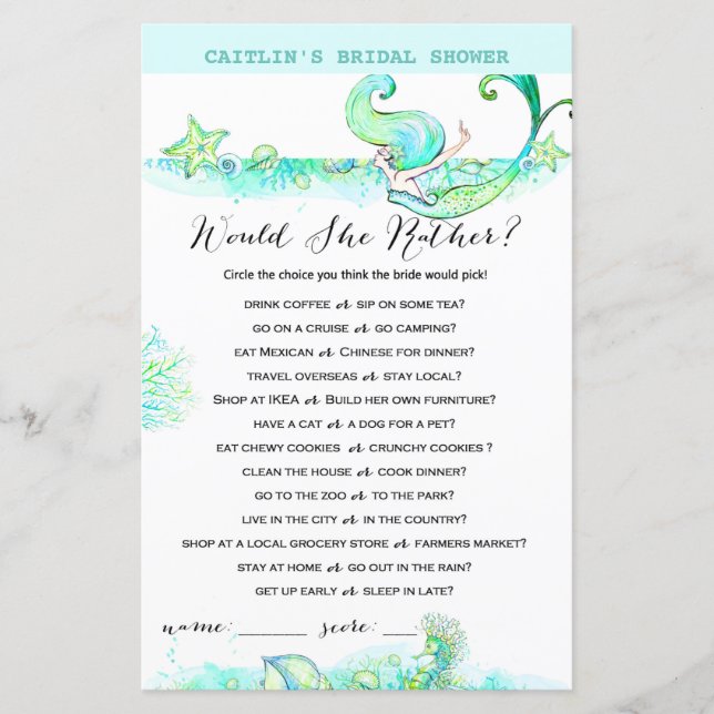 Aqua Mermaid Bridal Shower Game (Front)