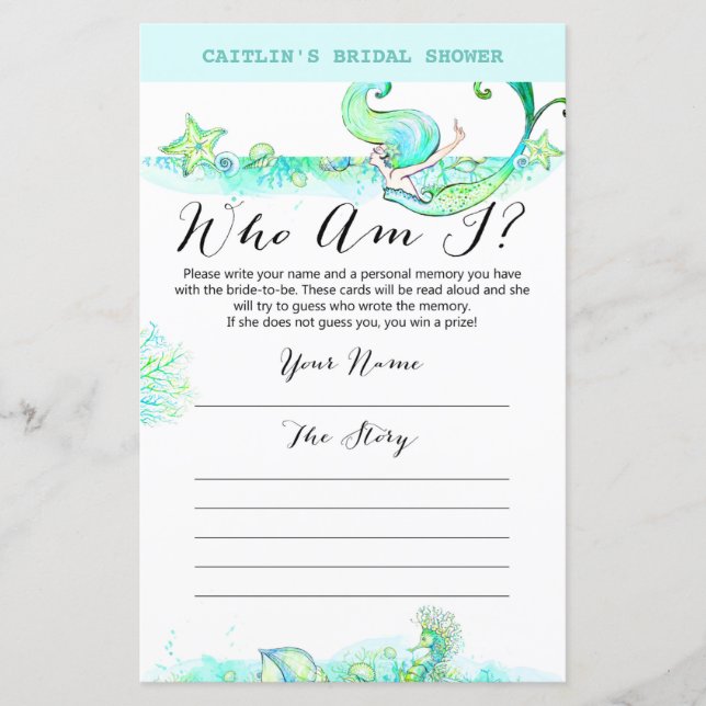 Aqua Mermaid Bridal Shower Game (Front)