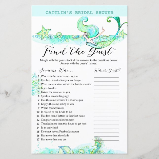 Aqua Mermaid Bridal Shower Game (Front)