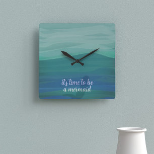 Aqua Mermaid Quote Square Wall Clock
