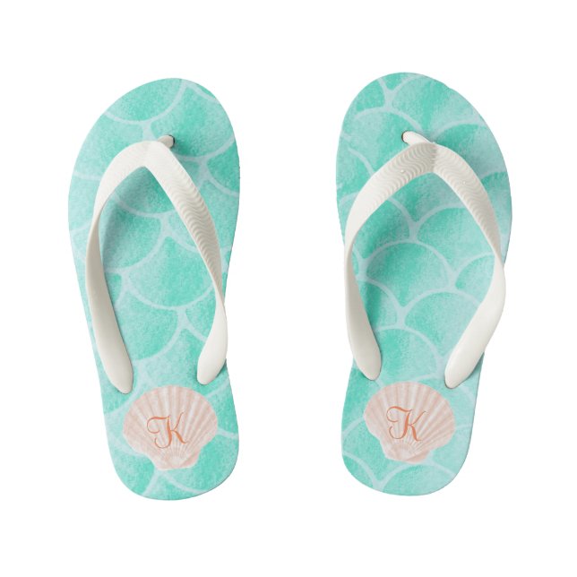 Aqua Mermaid Scales | Seashell Custom Initial Kid's Flip Flops (Footbed)
