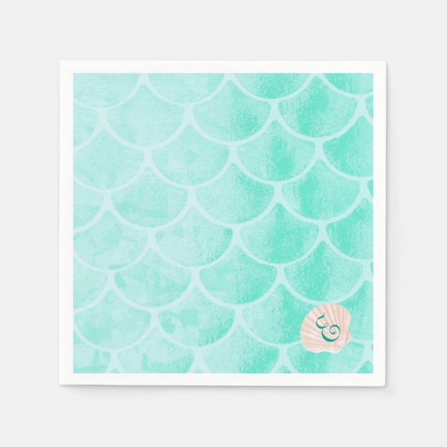 Aqua Mermaid Scales | Seashell | Custom Initial Napkin (Front)