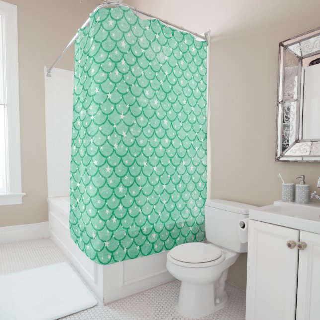 Aqua Mermaid Scales Stars Design Shower Curtain (In Situ)