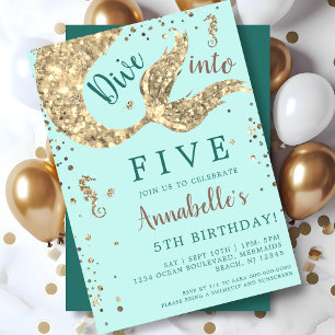 Aqua Mermaid Tail 5th Birthday  Invitation
