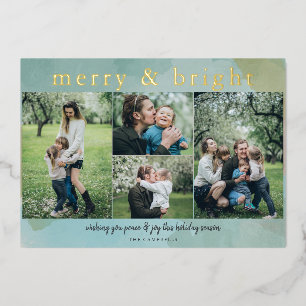 Aqua Merry and Bright Abstract Photo Collage  Foil Holiday Card
