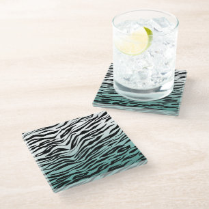 Aqua Mint Black Zebra Print Ombre Glass Coaster